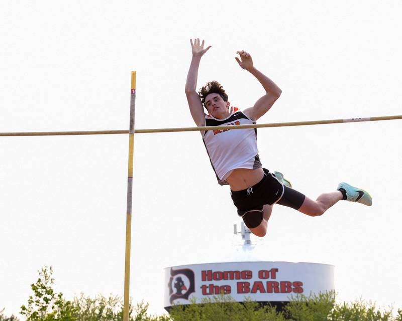 DeKalb’s pole vaulter Andrew Tumminaro clears 13'8 during Thursday's meet held at DeKalb high school