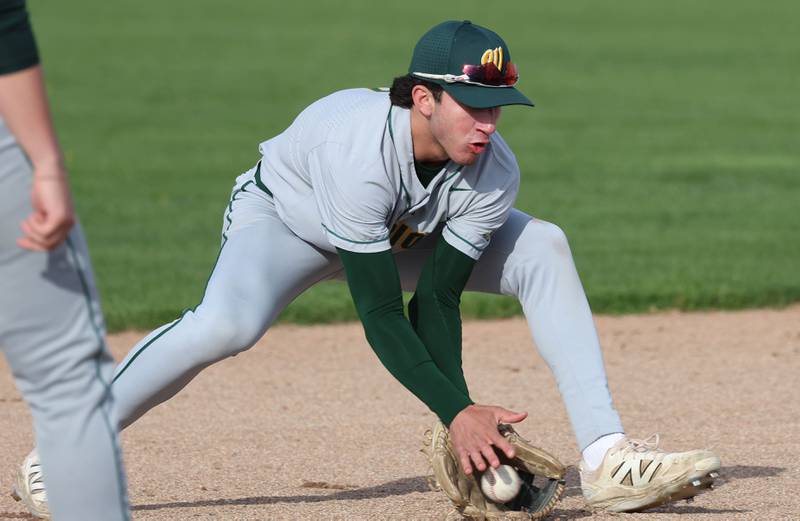 Waubonsie Valley's Ryan Lucas fields a grounder at shortstop Monday, April 20, 2026, during their game at DeKalb High School.