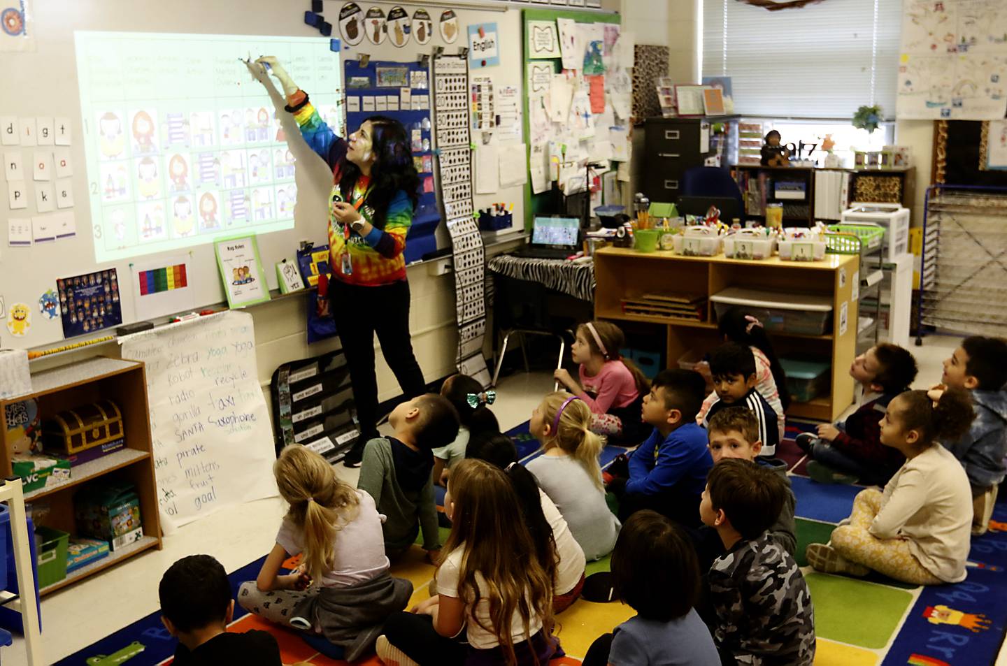 Kindergarten teacher Janet Moritz teaches her class Thursday, April 20, 2023, at Verda Dierzen Early Learning Center in Woodstock.