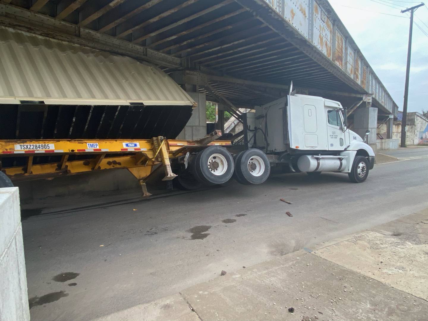 A photo of one of the semitrailers that crashed into a railroad viaduct in Joliet on Thursday, May 5, 2022. Sam Tagoe, 59, of Plainfield, and Israel Gonzalez, 44, of Crest Hill, the drivers of both vehicles, were cited for failure to reduce speed to avoid an accident, Joliet police said.