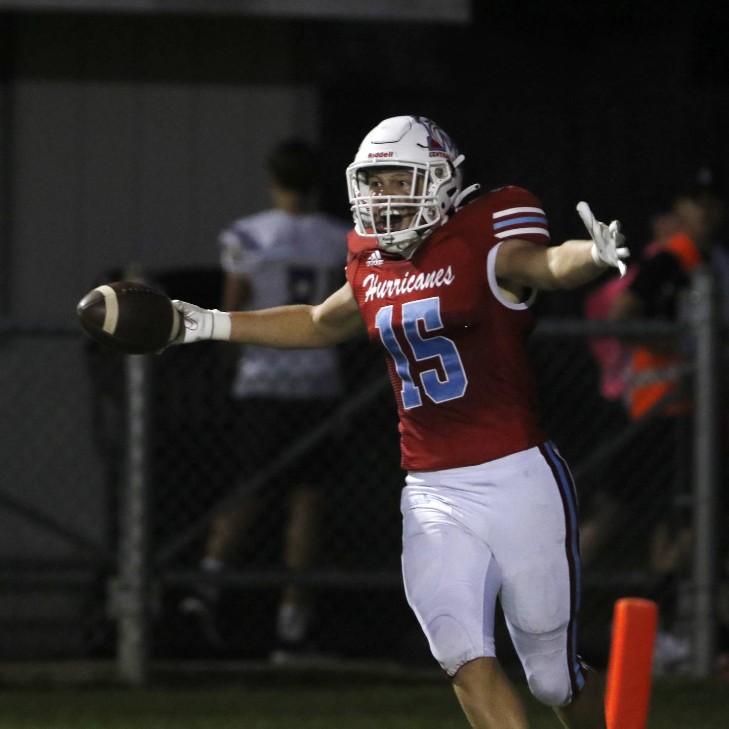 Marian Central's Rylan Dolter celebrates a touchdown during a non-conference football game Friday, Sept. 2, 2022, between Marian Central and Johnsburg at Marian Central High School.