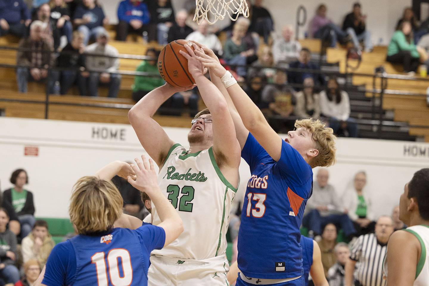 Rock Falls’ Chevy Bates is fouled Friday, Feb. 10, 2023 against Genoa-Kingston’s Hayden Hodgson.