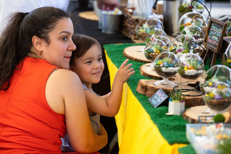 Andrea, left, and Oliver Bergeron, 2, of Wheaton look at terrariums during Make Music Wheaton and the Wheaton French Market in The Wheaton French Market Plaza on Saturday, June 21, 2025.