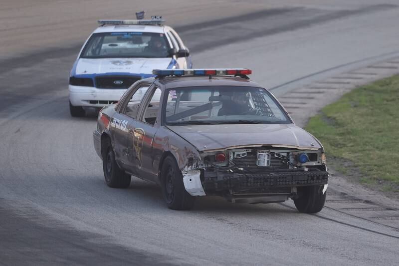 A Grundy County Sheriff takes the lead in the Five-O Race that raised over $180,000 for Special Olympics at Grundy County Speedway on June 15, 2024 in Morris.