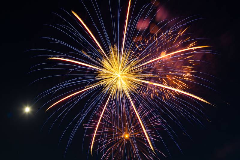 The “July 4th Fireworks” soar through the air at Langum Park in St. Charles on Friday, July 4, 2025.