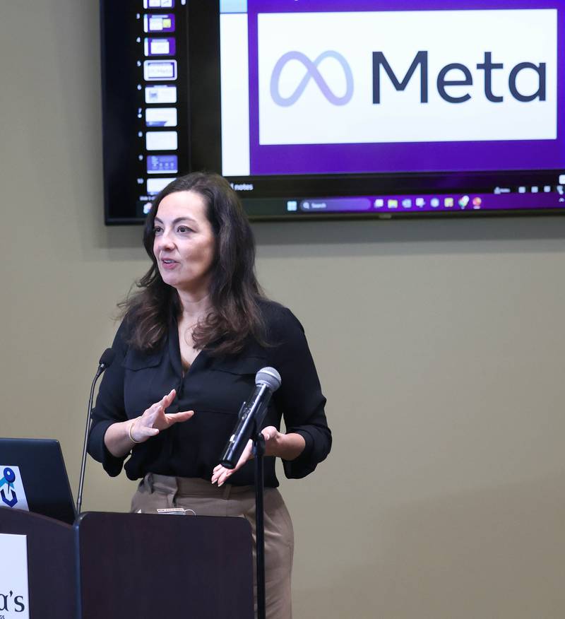 Tara Tenorio, with Meta speaks Wednesday, March 25, 2026, during the DeKalb County Economic Development Corporation’s annual economic outlook luncheon Wednesday at Faranda’s Banquets in DeKalb.