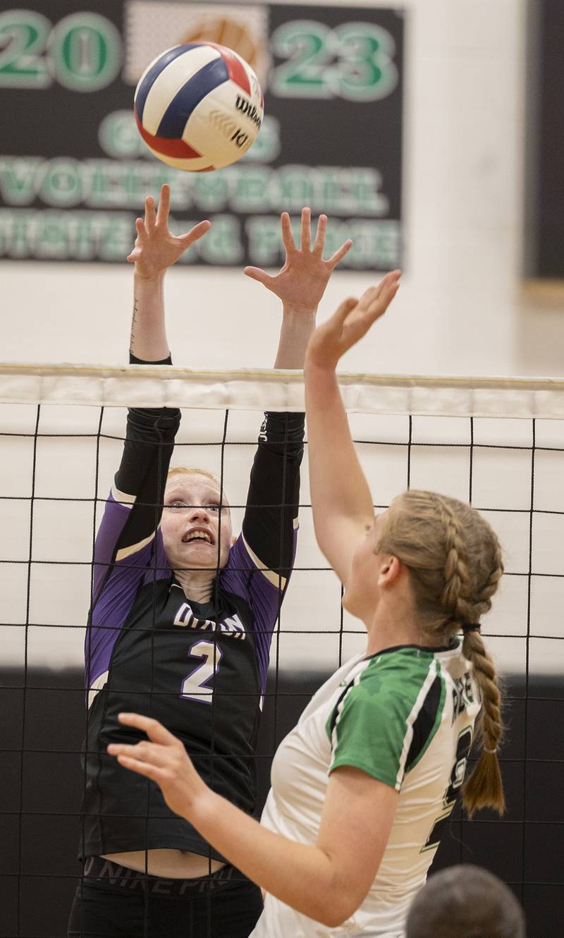Dixon’s Madyson Tichler works against Rock Falls’ Kayla Hackbarth Thursday, Sept. 19, 2024, in a Big Northern Conference match at RFHS.