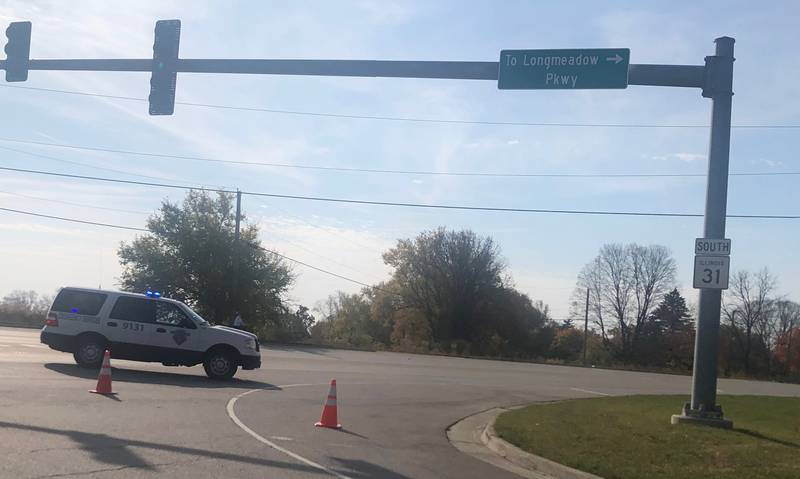 Police block traffic following a fatal crash involving two semis in Carpentersville on Oct. 29, 2024