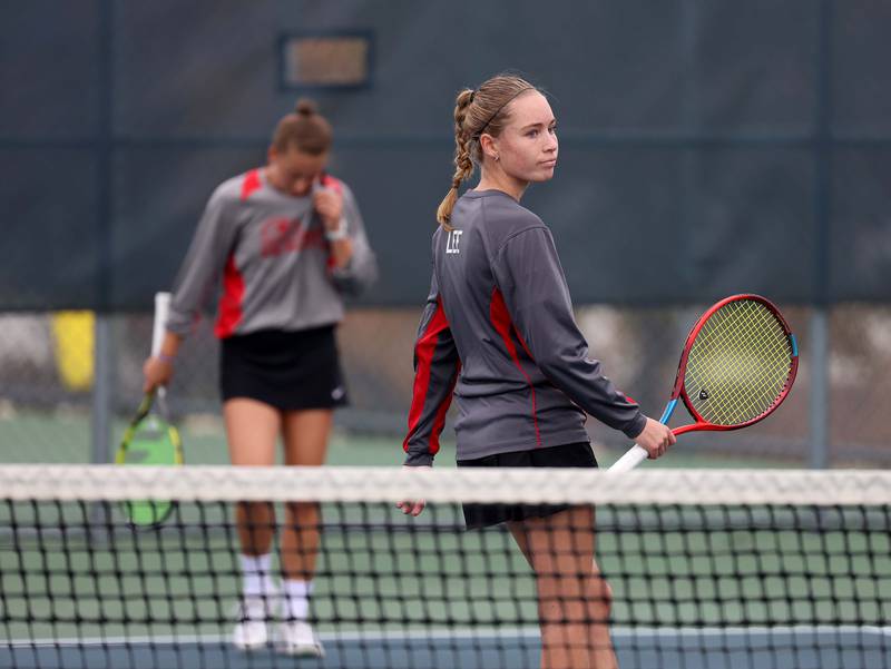 Timothy ChristianÕs Crystina Lee & Jane Carter react to losing a point during in the 1A Doubles Final match at the IHSA State Tennis Finals Saturday October 21, 2023 in Buffalo Grove.