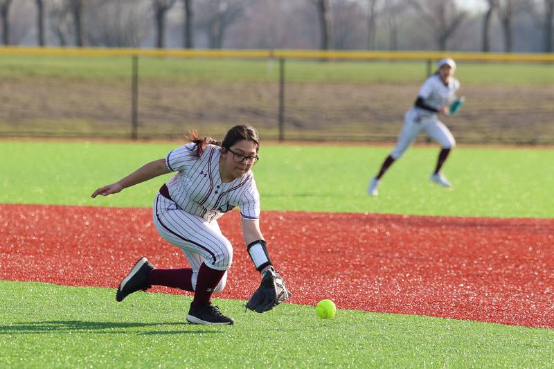Kankakee's Sherlyn Morales attempts to field a grounder during the Kays 20-11 loss to Crete-Monee on Tuesday, April 7, 2026.