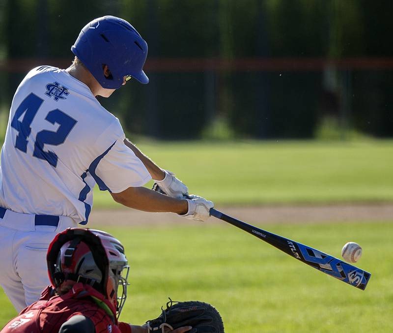 Newman’s Chase Decker drives in a run against Stillman Valley Wednesday, May 22, 2024 in the Class 2A sectional semifinal in Byron.