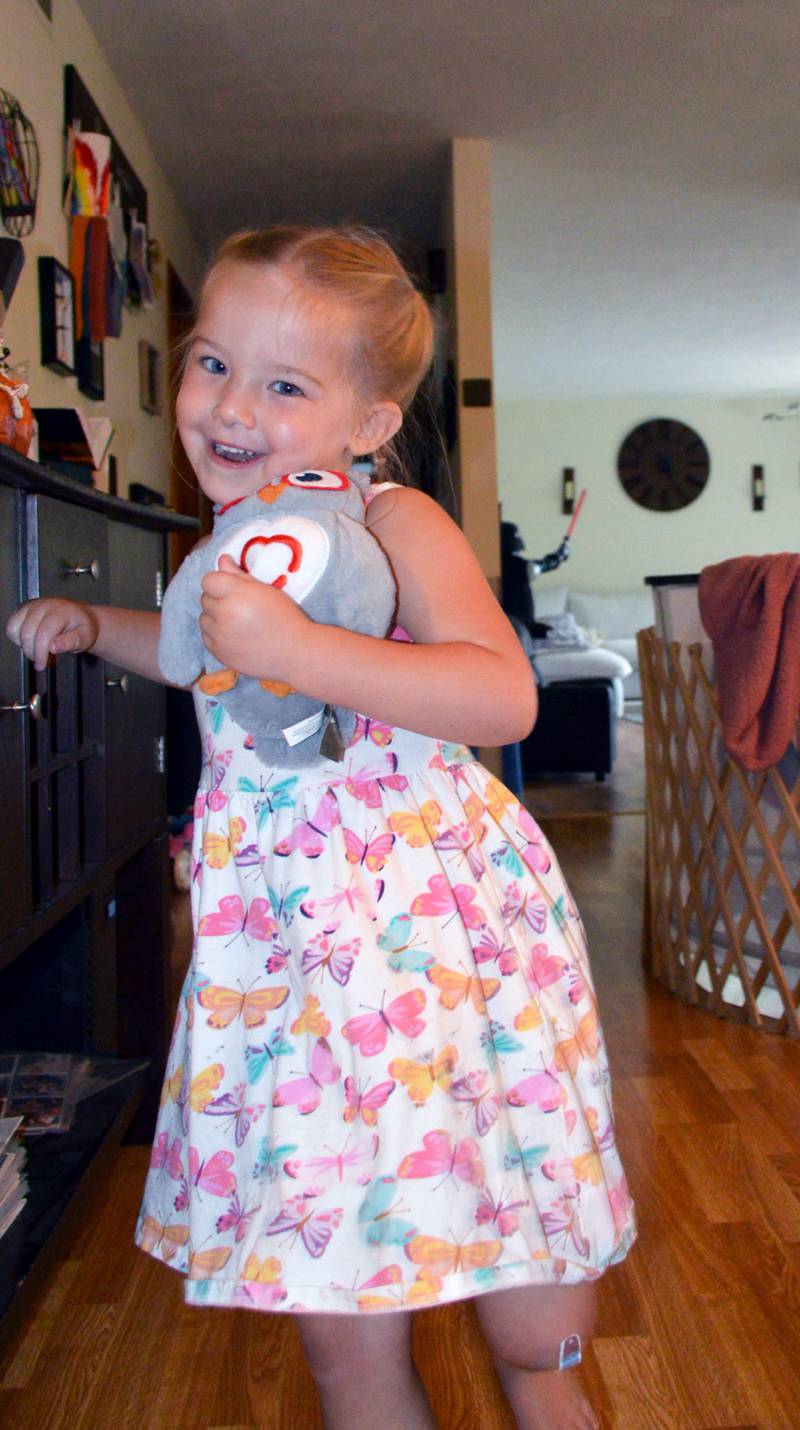Aislynn Skinner, 4, of Oregon, holds a stuffed owl she got from the American Heart Association in her home on Sept. 6, 2023. Aislynn, who was diagnosed with a critical congenital heart defect in utero, was selected as an American Heart Association Community Youth Heart Ambassador for the 2023-24 school year.