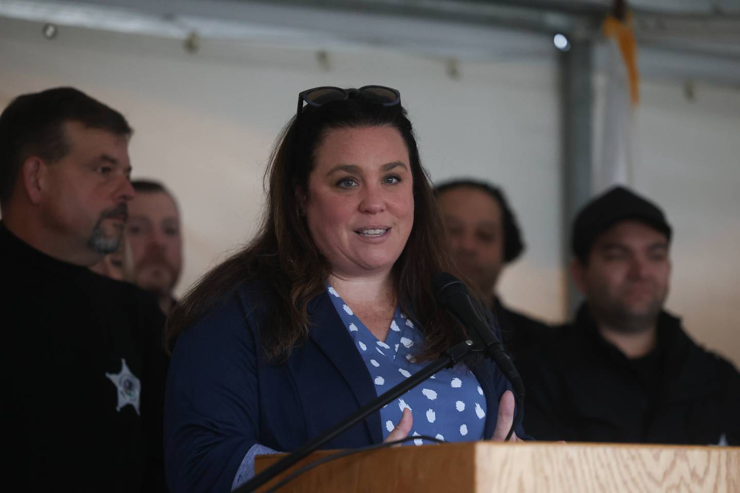 Mimi Cowan, District 11 (D-Naperville) County Board Speaker, speaks at the Morgue and Coroner’s Facility Groundbreaking Ceremony on Friday.