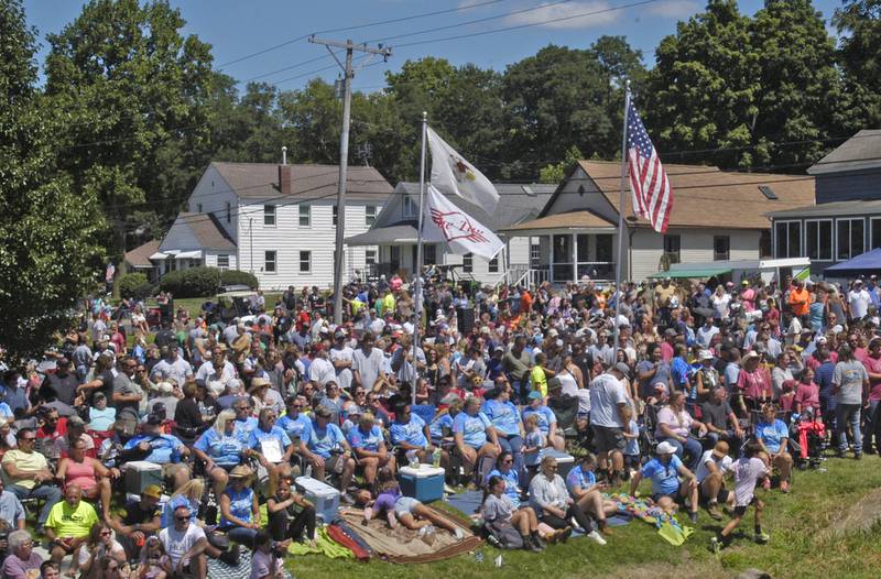 Part of the crowd watches the Port Byron-hosted Great River Tug Fest across the Mississippi on Saturday, Aug. 10, 2024.