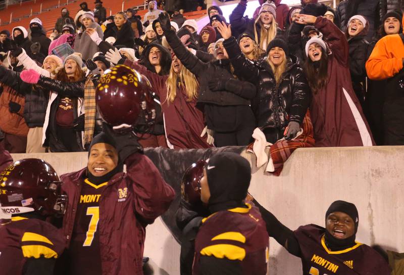 Montini fans and players cheer on the Broncos as they play Monticello during the Class 3A State football championship on Friday, Nov. 29, 2024 at Hancock Stadium in Normal.