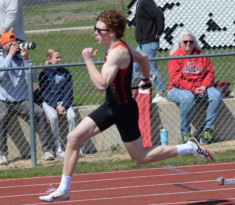 Forreston-Polo's Eli Ferris runs the first leg of the 800 relay at the Gebhardt-Worley Invitational at Oregon High School on Saturday, April 12, 2025. Forreston won the race in 1:32.1.