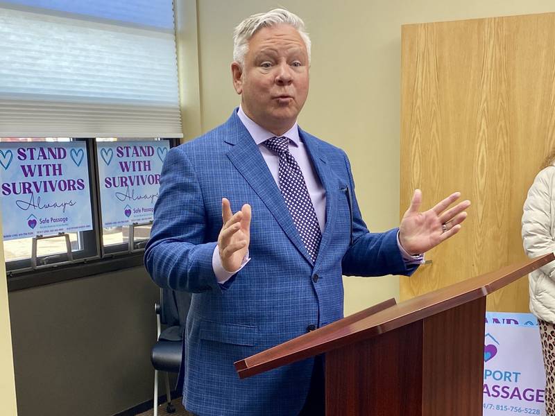 Brent Johnson, CEO of Ringland-Johnson Construction, speaks on Friday, Dec. 5, 2025, at a groundbreaking ceremony for Safe Passage crisis shelter's new building. Construction at 217 Franklin St., is expected to begin in the spring.