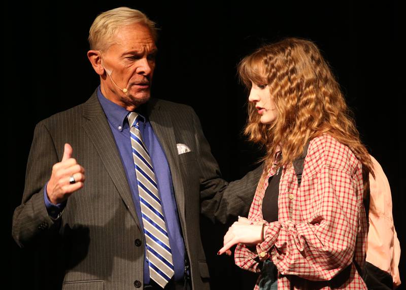 Principal Hawkins, played by Don Grant Zellmer and Emma Nolan, played by Zoe Starkey act out a scene during a rehearsal of "The Prom" on Wednesday, April 19, 2023 at IVCC in Oglesby.