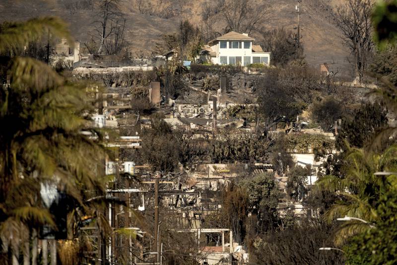 FILE - A home stands among residences destroyed by the Palisades Fire in the Pacific Palisades neighborhood of Los Angeles, Jan. 12, 2025. (AP Photo/Noah Berger, File)
