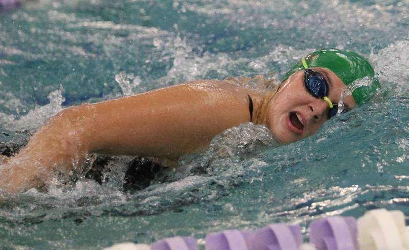 L-P co-op's Kallyn Jobst competes in the 400 yard relay during a swim meet on Wednesday, Sept. 24, 2025 at the Illinois Valley YMCS in Peru.