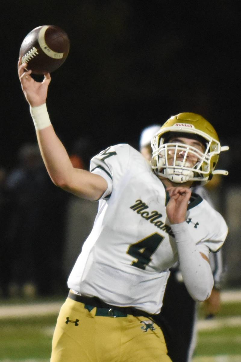 Bishop McNamara's Karter Krutsinger throws a pass during an IHSA Class 3A second round playoff game at IC Catholic Friday, Nov. 7, 2025.