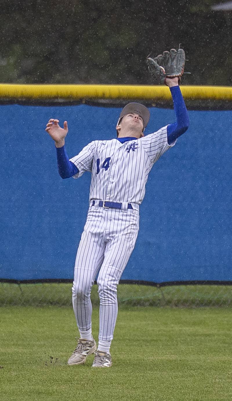 Newman’s Jameson Hanlon snags a fly ball in left against Mendota Thursday, April 30, 2026.
