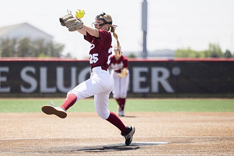 Antioch’s Jacey Schuler winds up a fires a pitch against Charleston Friday, June 9, 2023 in the class 3A state softball semifinal.