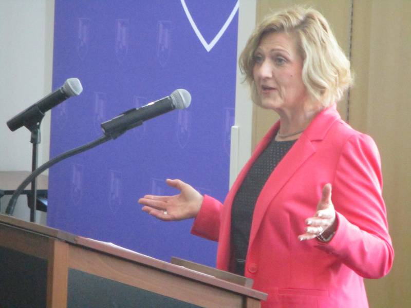 Illinois Supreme Court Judge Mary Kay O'Brien speaks to an audience at Joliet Junior College on Thursday, May 4, 2023.