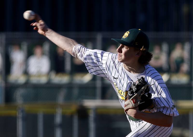 Crystal Lake South’s Carson Trivellini throws a pitch during a Fox Valley Conference baseball game against Prairie Ridge on Monday, April 8, 2024, at Crystal Lake South High School.