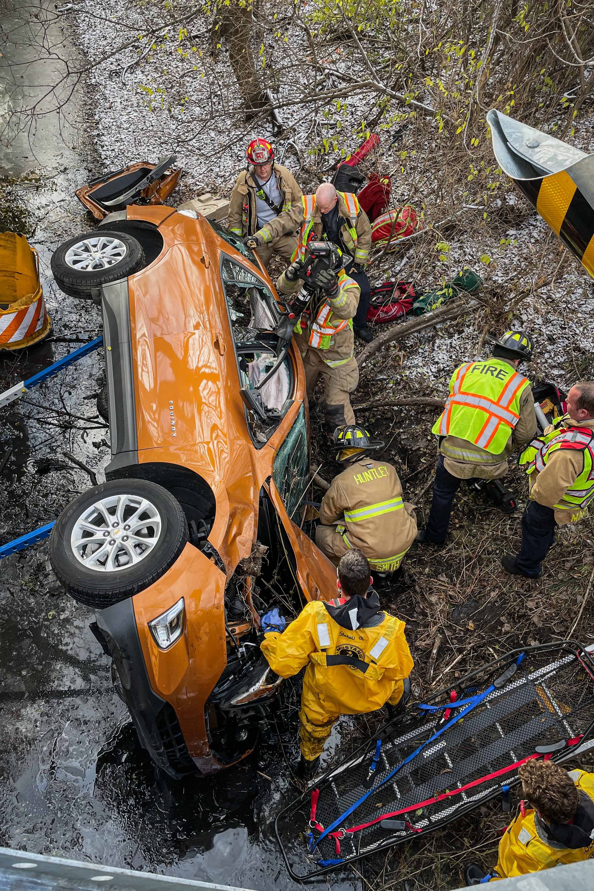 Kreutzer Road in Huntley was closed for more than an hour on the morning of Monday, Nov. 10, 2025, as firefighters rescued a man whose car went through a guardrail and down the embankment.