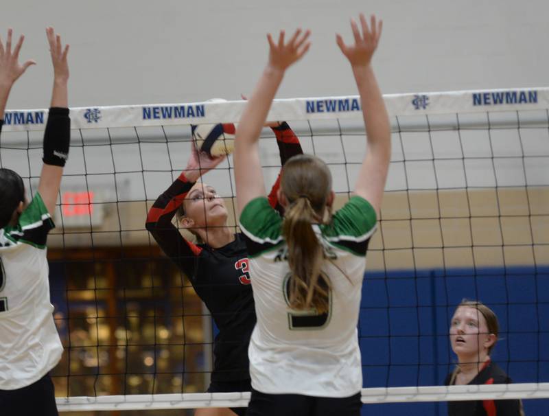 Erie-Prophetstown's Kallie Wiseley (3) pushes the ball past Rock Falls' Kayla Hackbarth (9) during the championship of the 2A Sterling Newman Regional on Thursday, Oct. 31, 2024.