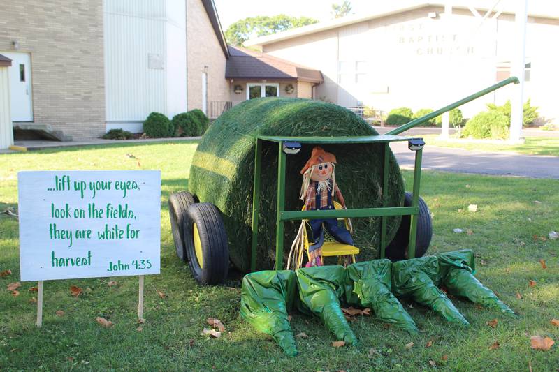 The hay starts here: First Baptist Church of Rochelle added to its bale by creating a John Deere harvester. The bale was part of the 2025 Hay Bale Trail in Rochelle throughout October.