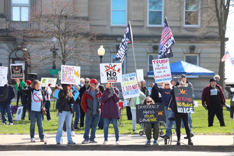 Protesters participate in the No Kings rally at the Kankakee County Courthouse on March 28, 2026.