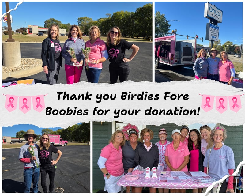 The Birdies Fore Boobies Committee proudly presented a donation to Hope Cancer Wellness Center on Oct. 11 at OnCall Imaging in Rock Falls. Upper left: Janelle Sharp (OnCall), Mimi Boynton (B4B), Julie Helfrich (B4B), Lauren Strauss (OnCall). Upper Right: Mimi Boynton, Joan Padilla (Hope), Julie Helfrich (B4B), Lower Left: Joan Padilla and Lauren Strauss. Lower Right: The Birdies Fore Boobies Committee, Julie Helfrich, Cheryl Gulbranson, Sonja Nicholas,  Mimi Boynton; Monica Hendrix, Patti Oliver, Mandy Hinckey and Jennifer Hintzsche. Missing is Jennifer Lang and Joan Padilla.