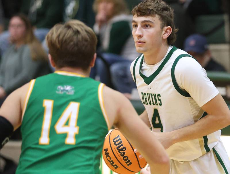 St. Bede's Gino Ferrari looks to pass the ball around Seneca's Cam Shrley on Tuesday, Dec. 16, 2025 at St. Bede Academy.