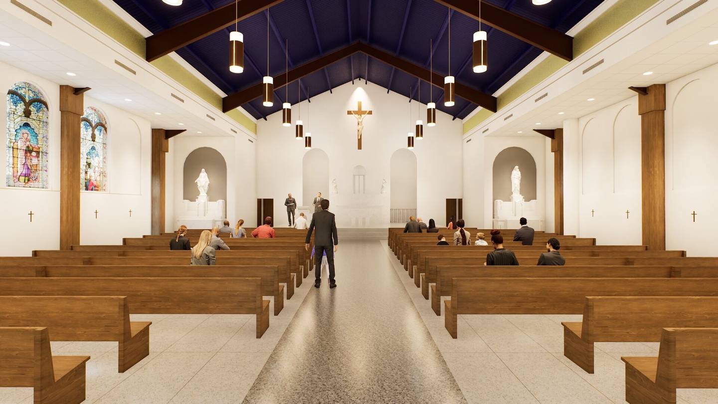 An architectural rendering shows the proposed new St. Michael the Archangel Church, which would be built in the parking lot at the current St. Mary’s Church site, 804 E. Broadway St., Streator.