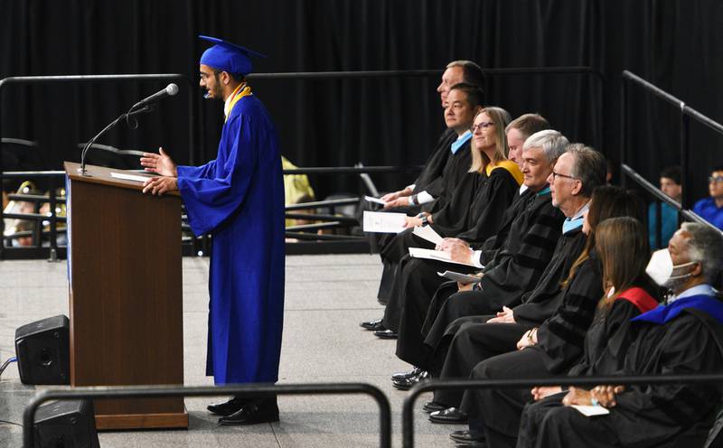 Geneva High School senior Ved Vyas speaks to his fellow graduates during the commencement ceremony on Tuesday, May 30, 2023 at Northern Illinois University in DeKalb.