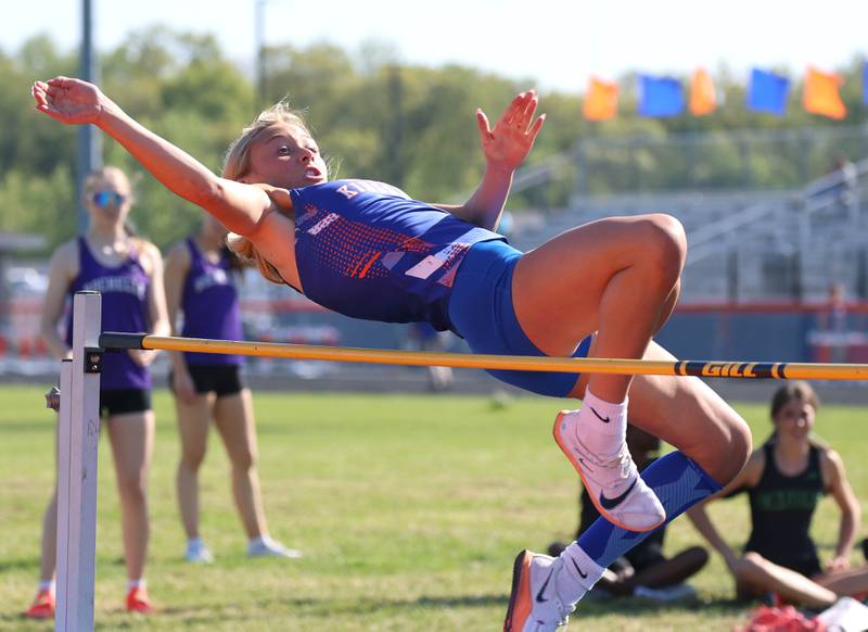 Genoa-Kingston’s Hailey Dunn clears the bar in the high jump Friday, May 15, 2026, during the Class 2A girls track sectional at Genoa-Kingston High School.