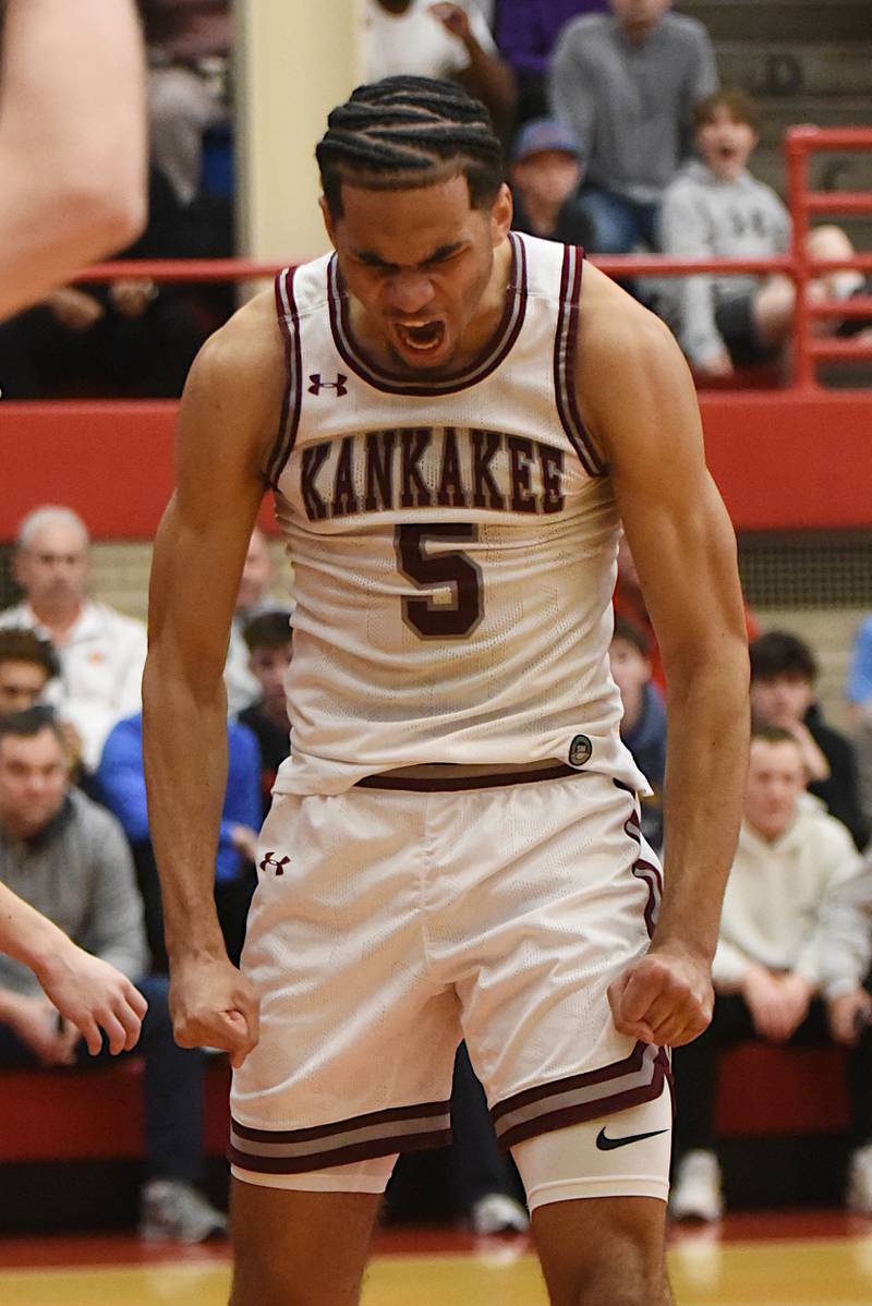 Kankakee's EJ Hazelett celebrates after making a layup while he was fouled during the IHSA Class 3A Ottawa Sectional semifinals against East Peoria Wednesday, March 4, 2026.