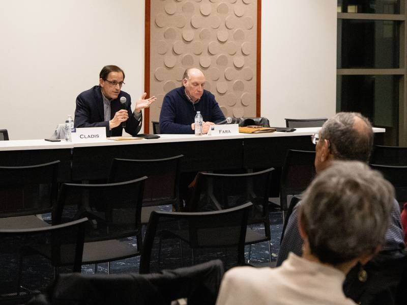 Park District Board Candidates Dr. Peter Cladis speaks, left, and Timothy Fara speak during the League of Women Voters' Public Forum  at the Geneva Public Library  on Thursday, Feb. 16, 2023.