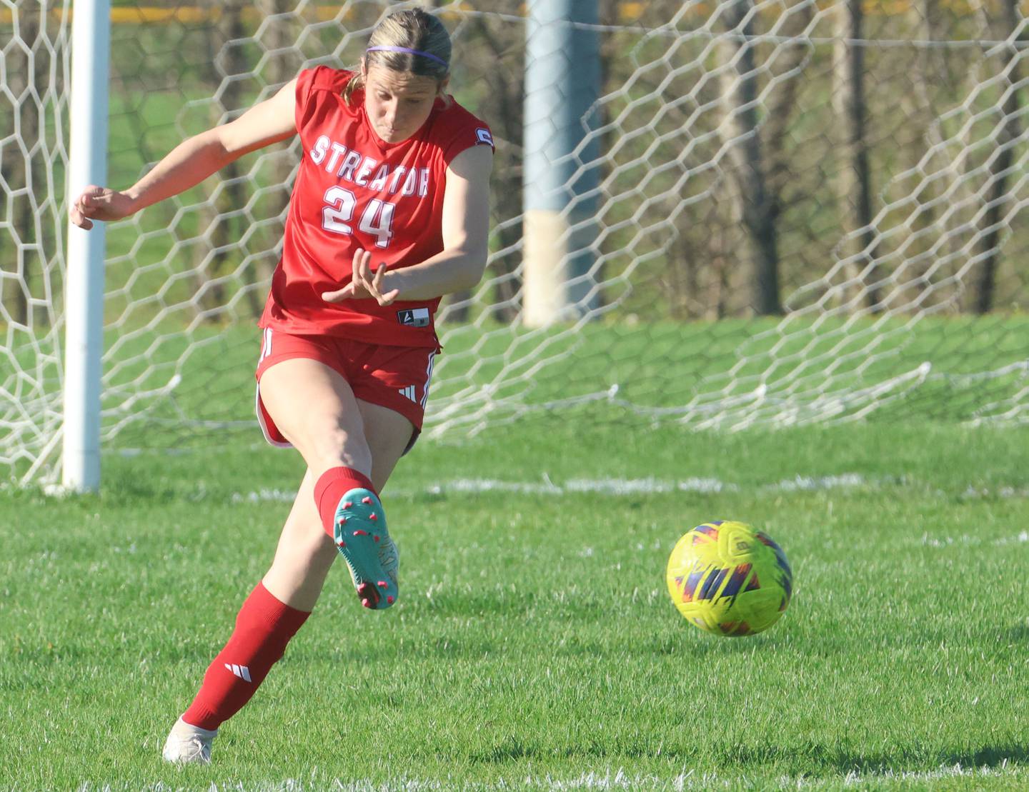 Streator's Rhea Huey kicks the ball out of the box area against Serena/Newark/Earlville on Thursday, April 16, 2026 at the James Street Recreational Complex in Streator.