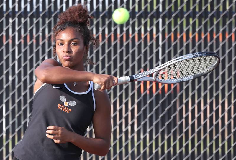DeKalb number one singles player Krystal Baggett hits a forehand during her match against Sycamore Wednesday, Sept. 13, 2023, at DeKalb High School.