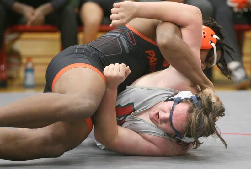 L-P's Eric Mateika wrestles United Township during a meet on Wednesday, Dec. 13, 2023 in Sellett Gymnasium at L-P High School.