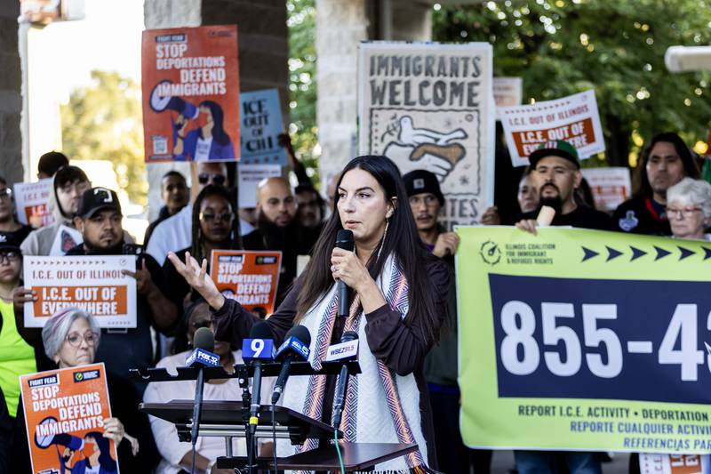 Social worker, community leader, and JTHS board member Lorena Guerrero addresses the crowd during a press conference held to uplift immigrant families and denounce the presence of the Texas National Guard in Will County at Azteca de Oro in Joliet on Oct. 8, 2025.