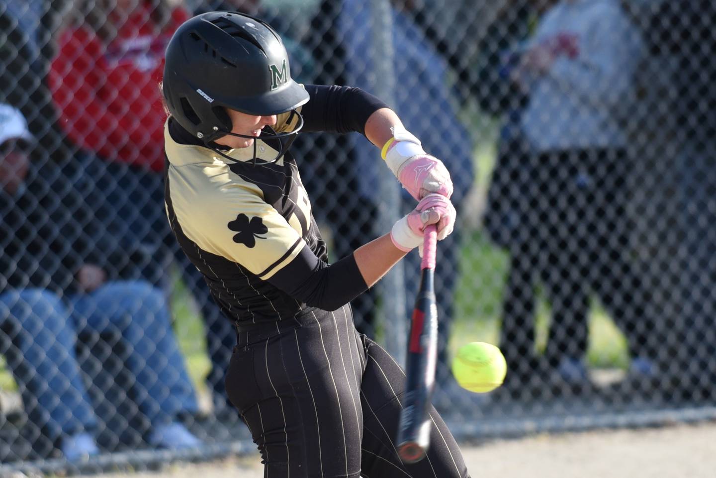 Bishop McNamara's Joslynn Dole connects on a pitch for a home run during a home game against Bradley-Bourbonnais Thursday, May 7, 2026.