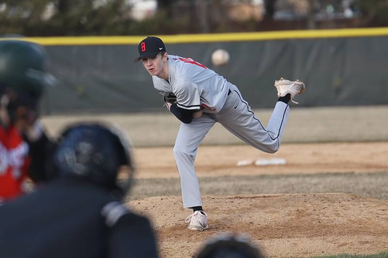 Bolingbrook’s Ryan Spliit delivers a pitch against Plainfield East on Monday, March 27, 2023.