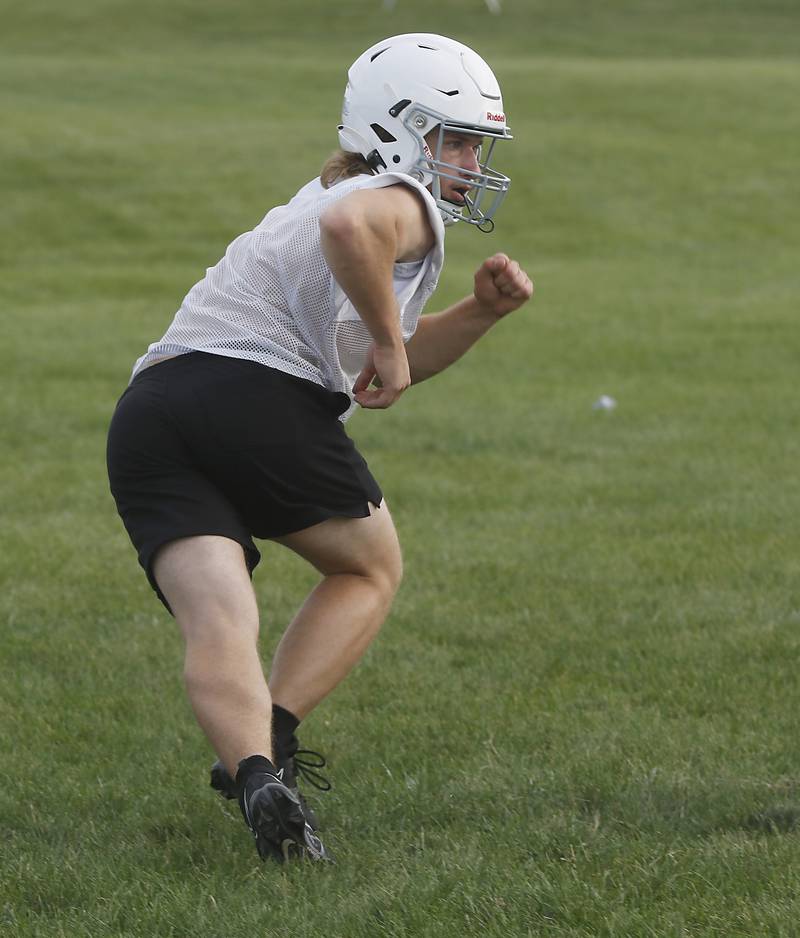 Hampshire’s Cole Klawikowski runs during the first day of football practice Monday, August 7, 2023, at Hampshire High School.