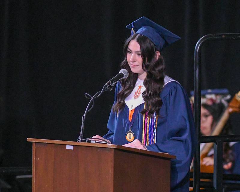Oswego High School student keynote speaker Ella Stoller speaks during the graduation ceremony on Saturday May 17, 2025, held at the Convocation Center in DeKalb.