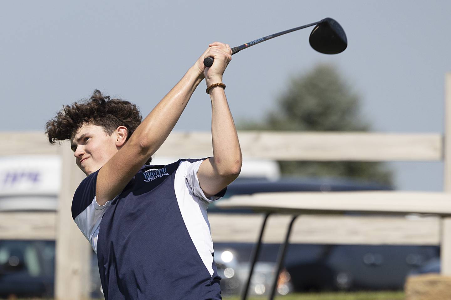 Bureau Valley’s Logan Philhower tees off on #1 Saturday, Aug. 24, 2024, at Deer Valley.