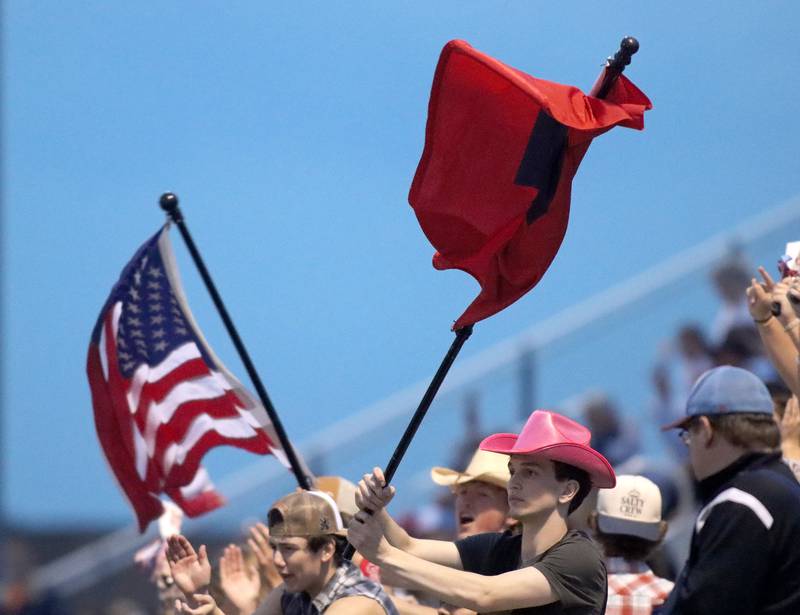 Marian Central’s fans cheer after an Eddie Kowalczyk touchdown in varsity football at George Harding Field on the campus of Marian Central High School in Woodstock on Friday, August 29, 2025.